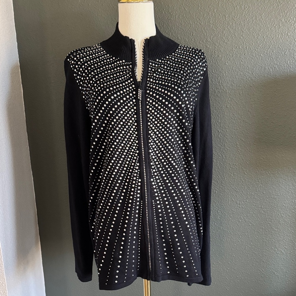 Black Zip-Up Sweater with Silver Crystal Studs